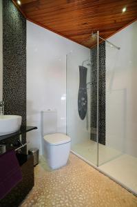 a bathroom with a toilet and a glass shower at GALIHOST - Ático con vistas en Cambados in Cambados +33 photos