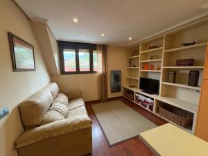 Una sala de estar con un sofá y un televisor. en Apartamento las Marismas Selnatur, en Llanes