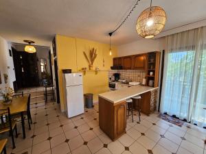 a kitchen with a white refrigerator and a table at Villa Kirki in Iraklitsa