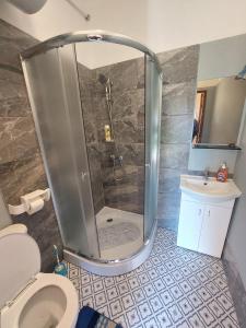een badkamer met een douche, toilet en wastafel bij Ģimenes studija 2 in Pāvilosta