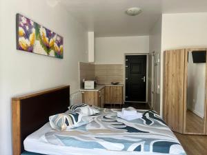 a bedroom with a bed and a kitchen at Livada Studio Apartments in Braşov