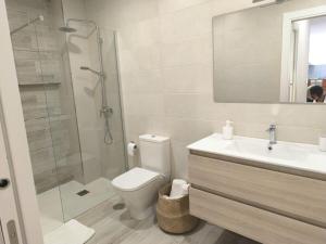 a bathroom with a shower and a toilet and a sink at Siralvar vivienda turística Arís in Cabana de Bergantiños +5 photos