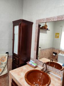 a bathroom with a sink and a large mirror at Casita de Campo El Bujeo in Quéntar
