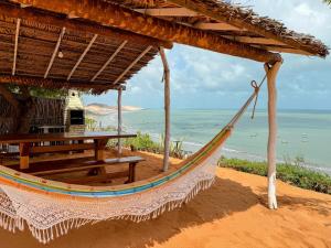 a hammock hanging from a hut on the beach at Chalé brilho do mar in Icapuí