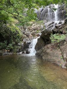 a waterfall on the side of a river at Sunset Valley Kerala Pool Resort - Monsoon Forest Cottage Stay in Idukki with Private Waterfalls, Natural Streams & Breathtaking Views in Pīrmed