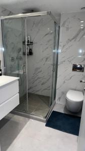 a bathroom with a shower with a toilet and a sink at רויאל שנגרילה in Eilat +3 photos
