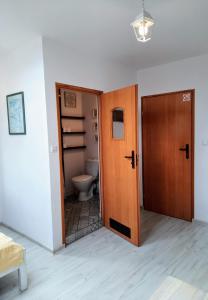 a bathroom with a toilet and a wooden door at Agroturystyka Kaczeniec in Ustronie Morskie