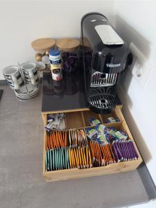 a kitchen counter with a cutting board and a toaster at Wohntraum Gütersloh in Gütersloh +7 photos