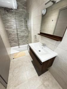 Un baño con lavabo y ducha en High End Apartment in Gzira, en Il-Gżira