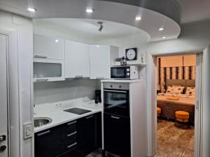 a small kitchen with a sink and a microwave at Plitvice Green Gold Apartments in Korenica