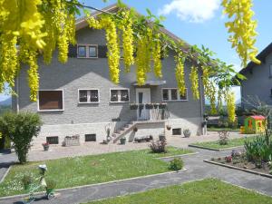 une maison avec des fleurs jaunes devant elle dans l'établissement La Sapotine, à Étrembières