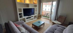 a living room with a couch and a flat screen tv at Charmant T3 centre Pau - Balcon in Pau