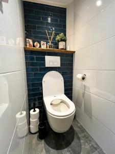 a bathroom with a white toilet and blue tiles at Pondok Nyaman in Arnhem +2 photos
