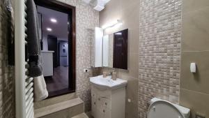 a bathroom with a sink and a toilet and a mirror at Town Square Loft Apartment in Braşov +24 photos