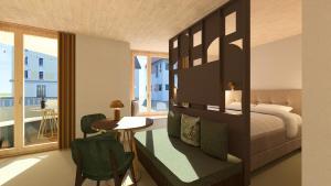 a bedroom with a bed and a table and chairs at VISIMO Apartments Kloten - Stay Smart, Live Well in Kloten