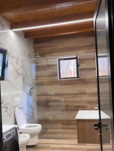a bathroom with a shower and a toilet and a window at Mikpritja Velipoje 2 in Velipojë