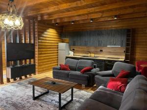 a living room with a couch and a table at Mikpritja Velipoje 2 in Velipojë