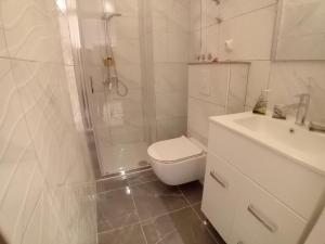 een badkamer met een douche, een toilet en een wastafel bij Apartment Green view in Slime +23 foto's