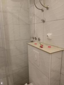 a white bathroom with a shower and a sink at Apartment Green view in Slime +23 photos