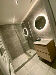 une salle de bain avec une douche avec un lavabo et un miroir dans l'établissement Les gîtes du pécheur !, au Crotoy 19 autres photos