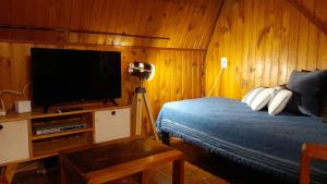 Schlafzimmer mit einem Bett, einem TV und einer Kamera in der Unterkunft Casa Alpina Frente al Mar - Aguas Verdes in Aguas Verdes