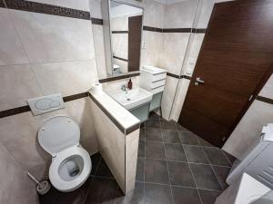 Un baño con inodoro, lavabo y espejo. en Bright and Cozy Apartment in Vienna Gate, en Bratislava