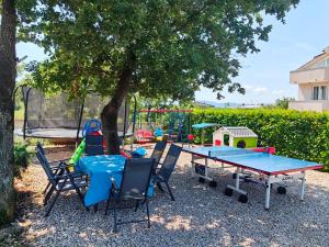 a ping pong table and chairs under a tree at Apartments Lea with pool in Malinska +85 photos