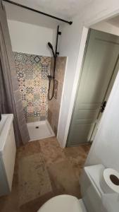 a bathroom with a toilet and a shower with a shower at Jolie studio au cœur de la ville in Sartène