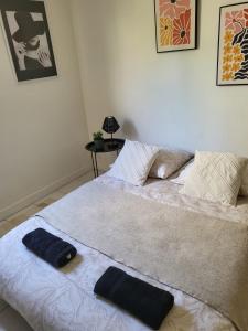 a bed with two pillows on top of it at Joli Appartement au cœur de la ville in Avignon +12 photos