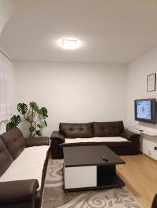 a living room with a couch and a tv at Villa Majida Ilidža in Sarajevo