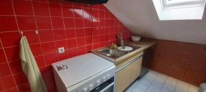 eine kleine Küche mit Spüle und roten Fliesen in der Unterkunft Kleefeld - Ferien- und Messewohnung in Hannover