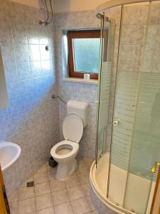 a bathroom with a toilet and a glass shower at Villa H&M in Baška Voda