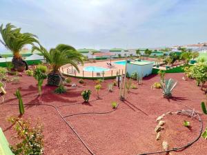 a resort with a swimming pool and palm trees at Bungalow with sea view in Caleta De Fuste
