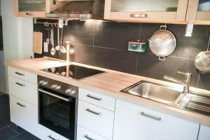 uma cozinha com um lavatório e um fogão em Grosshus Vals em Vals
