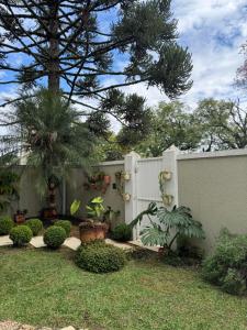 a backyard with a white fence and a palm tree at Charmosa Casa em bairro nobre de Curitiba in Curitiba