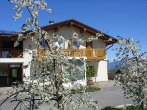 ein Haus mit einem Balkon und einem Baum mit weißen Blumen in der Unterkunft Agriturismo Girasole in Fai della Paganella