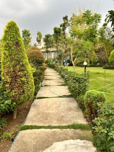 a walkway in a garden with bushes and trees at Ekantam Resort in Kāta Patthar