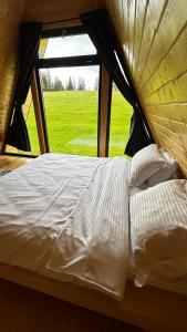 a bed in a room with a large window at La Știubei Cabin in Mărişel