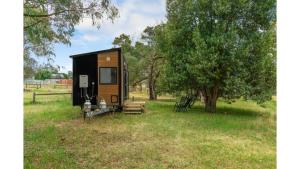 a tiny house in a field next to a tree at Skye High Cabin by Tiny Away in Lyndhurst South