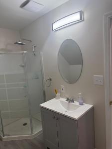 a bathroom with a sink and a shower with a mirror at Downtown Golden Stairs in Buffalo +18 photos
