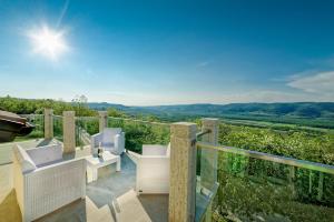 uma varanda com uma mesa e cadeiras e uma vista em Villa Demetra em Motovun
