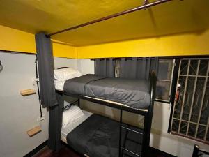 two bunk beds in a room with a yellow ceiling at Sofia Hostel in Chiang Rai