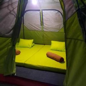 a bed in a green tent with a hot dog at Herman Lantang Camp in Bogor +55 photos