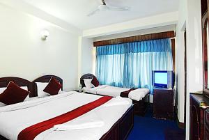 Habitación de hotel con 2 camas y TV en Hotel Lily, en Katmandú