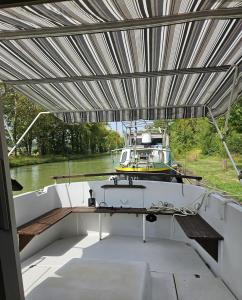 a boat with a canopy on a river at bateau tinkerbell in Labastide-dʼAnjou