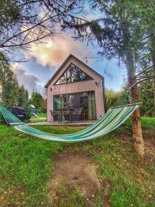 a hammock in the grass in front of a house at Żywiołowo - domki w stylu stodoły z placem zabaw i stawem - ZIEMIA in Parchowo