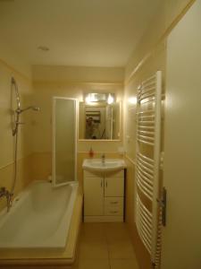 ein Bad mit einer Badewanne, einem Waschbecken und einer Dusche in der Unterkunft Apartment Harmonia in Franzensbad