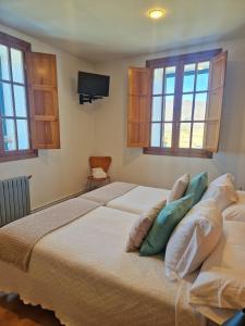 sypialnia z łóżkiem z poduszkami i telewizorem w obiekcie HOTEL PIORNEDO w mieście Lugo