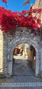 Un arco de piedra con flores rojas en un edificio. en Parga kamara studio, en Parga