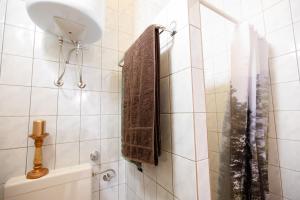 a bathroom with a shower with a brown towel at Kuća za odmor Mia  +21 photos